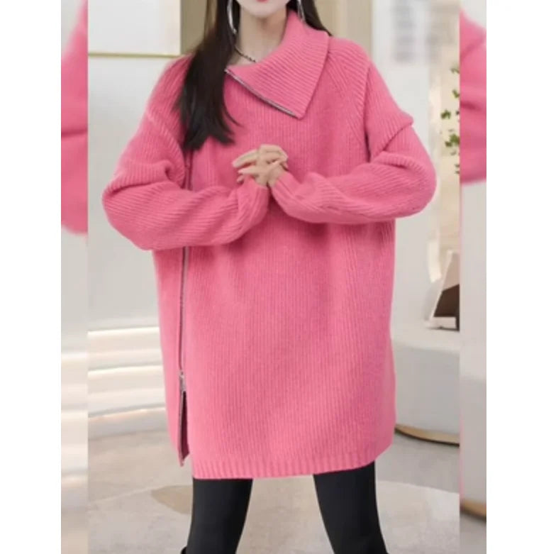 Zipper Solid Colour High-End Knitted Sweater - Loose Long-Sleeve Warm Outerwear Top for Fashion