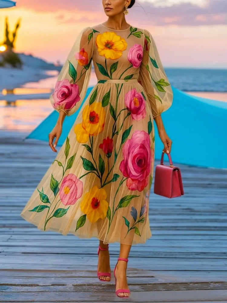 Gymystars elegant floral dress with puff sleeves against a bright blue beach backdrop, highlighting the flowy silhouette.