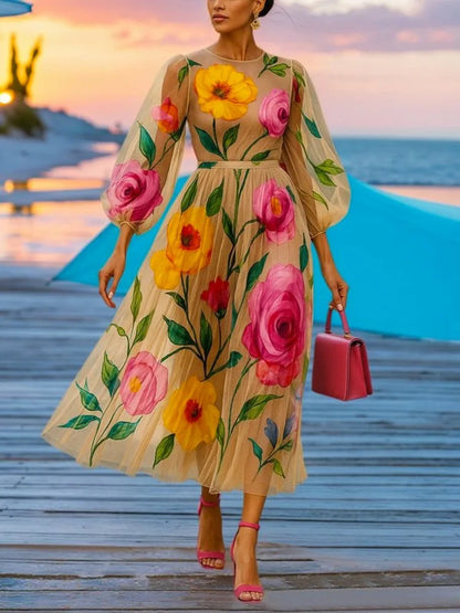 Gymystars elegant floral dress with puff sleeves against a bright blue beach backdrop, highlighting the flowy silhouette.