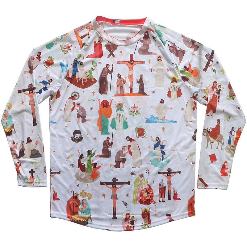 Religious Cycling Jersey – Stained Glass Jesus & Virgin Mary Long Sleeve MTB Bike Shirt for Men & Women | Breathable, Quick-Dry, Unisex Church Wear for Mountain Biking & Road Cycling