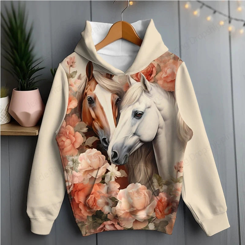 Two horses facing each other on white hoodie — romantic, artistic animal print