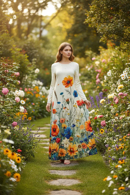 Boho Floral Maxi Dress for Women – Elegant Long Sleeve Spring Garden Party Gown, Casual Loose Fit O-Neck Sun Dress