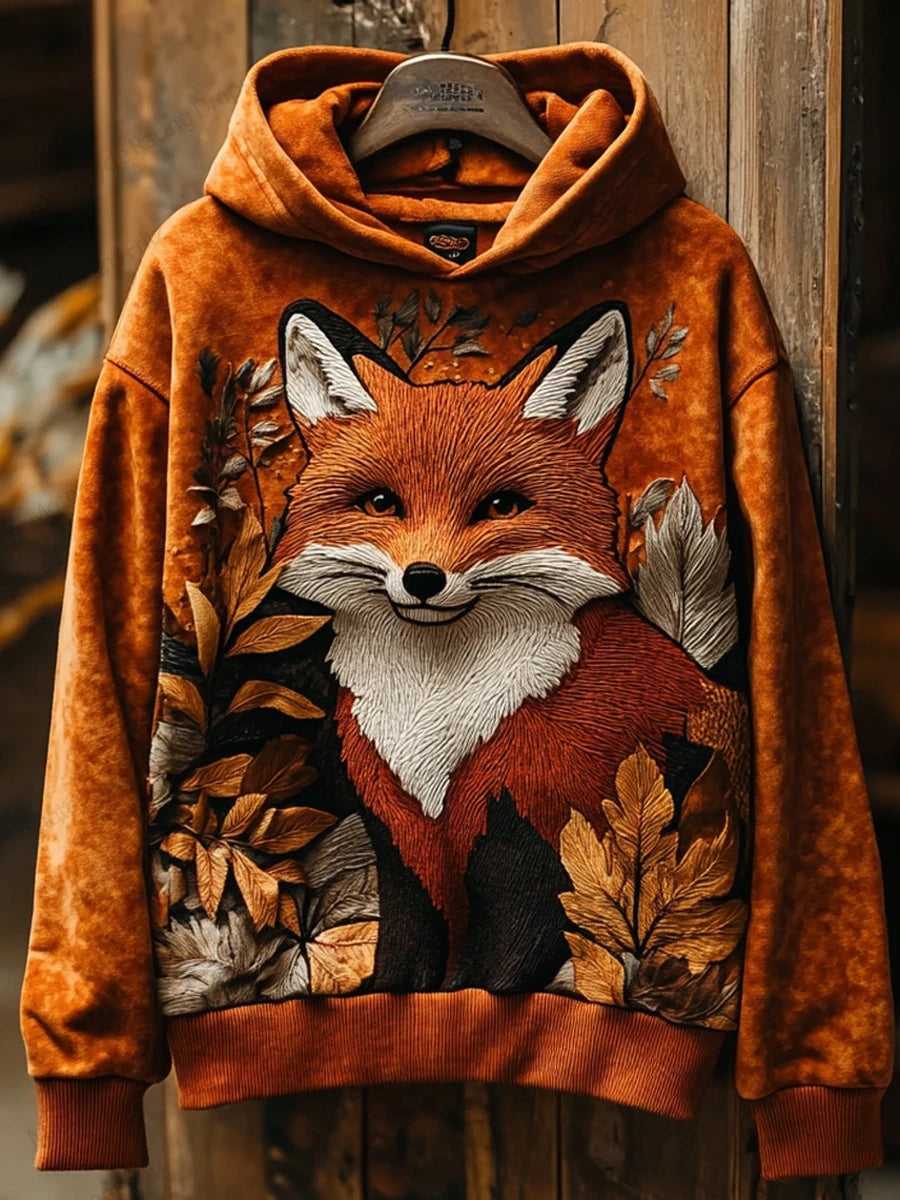 Close-up of fox face on hoodie with autumn leaves — detailed 3D printing, soft fabric