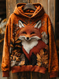 Close-up of fox face on hoodie with autumn leaves — detailed 3D printing, soft fabric