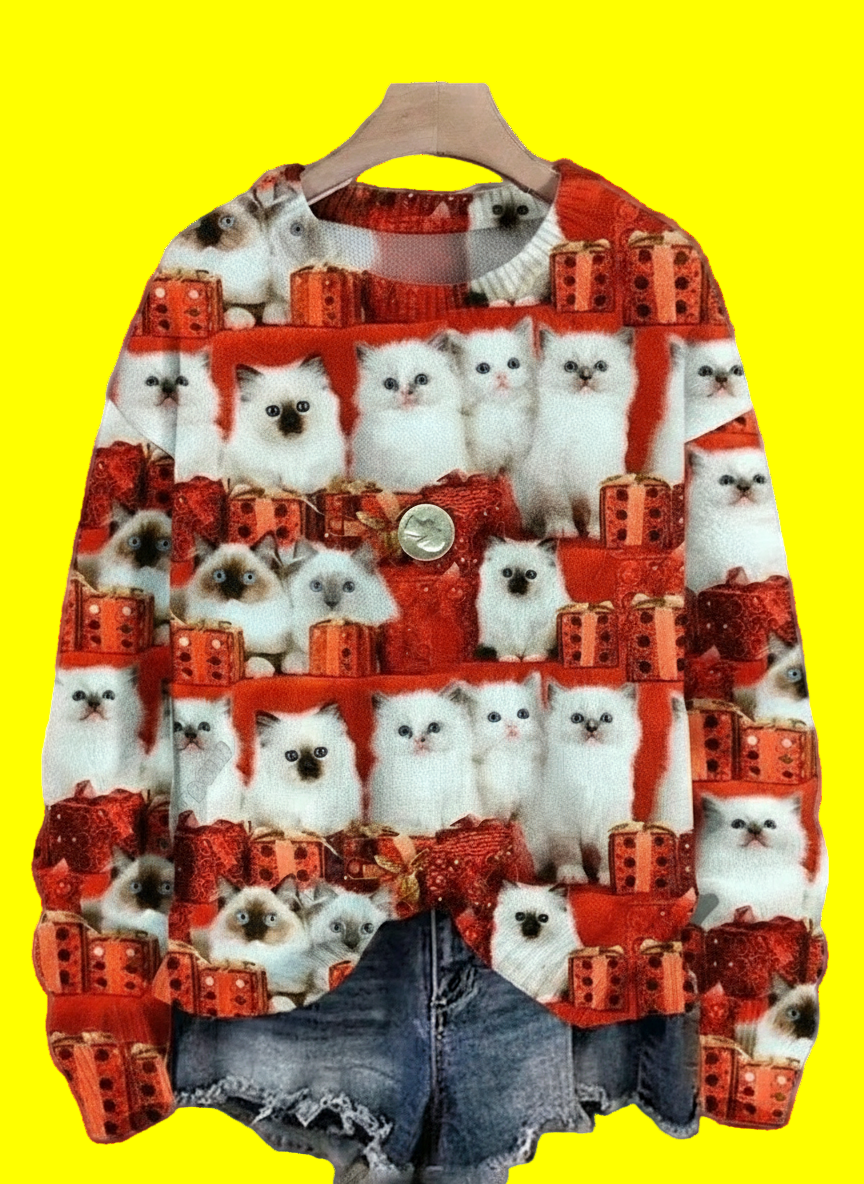 Red sweater with cute white cat and gingerbread house pattern