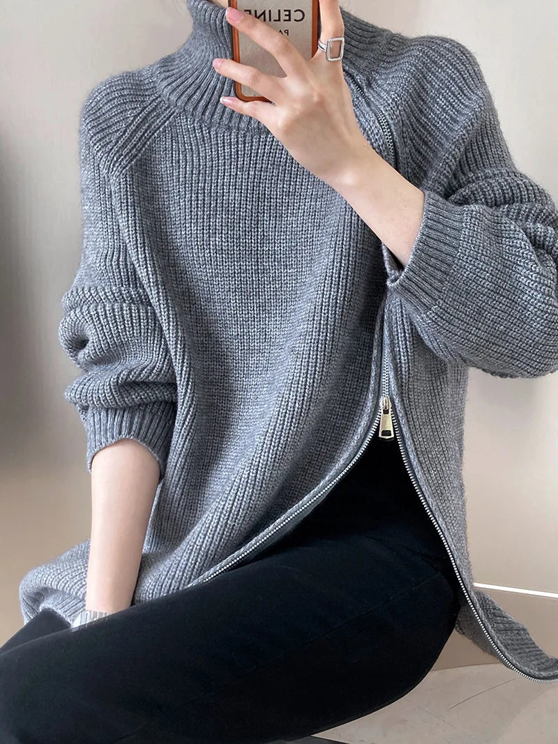 Zipper Solid Colour High-End Knitted Sweater - Loose Long-Sleeve Warm Outerwear Top for Fashion