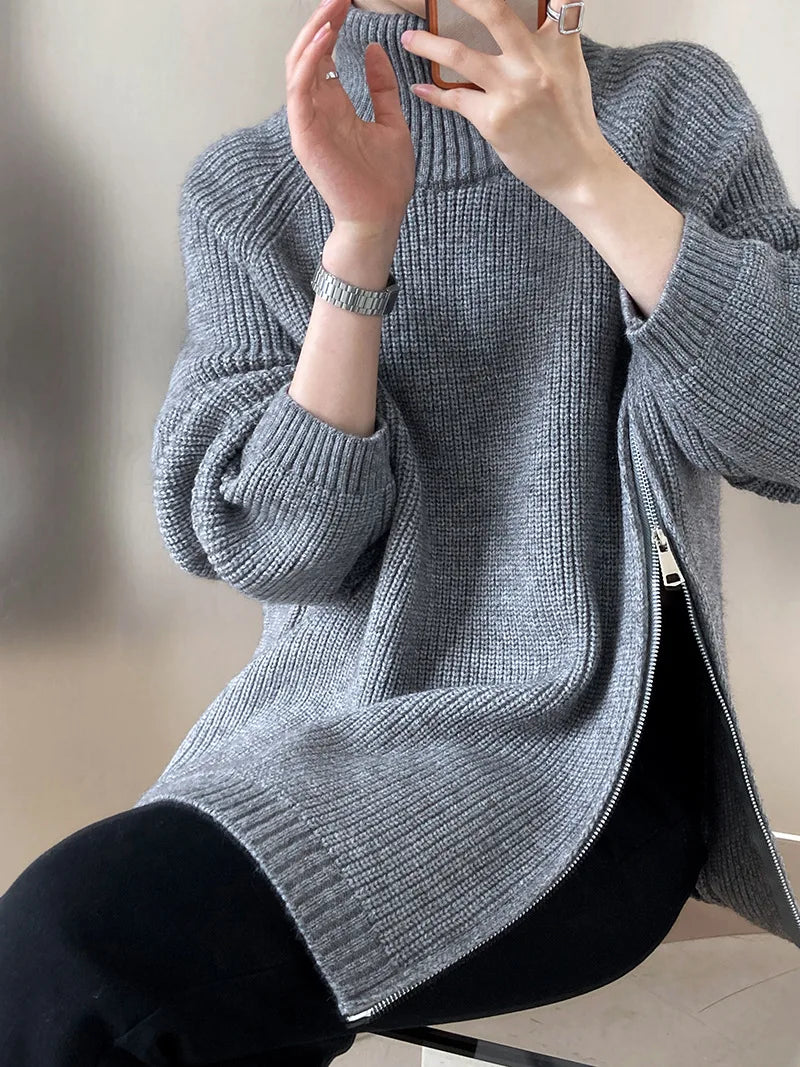 Zipper Solid Colour High-End Knitted Sweater - Loose Long-Sleeve Warm Outerwear Top for Fashion