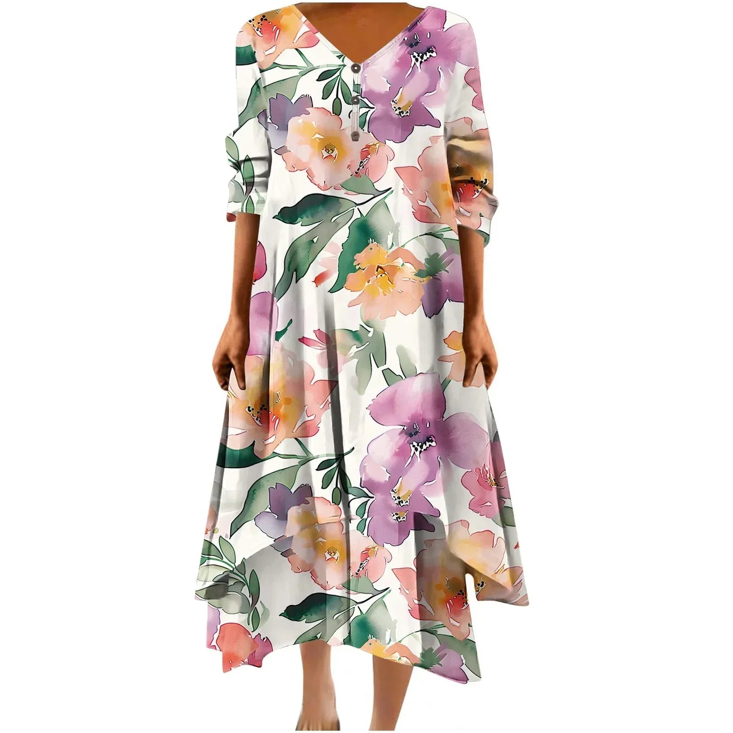 Irregular Hem Floral Maxi Dress – V-Neck Full Sleeve Ankle-Length for Women