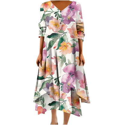 Irregular Hem Floral Maxi Dress – V-Neck Full Sleeve Ankle-Length for Women