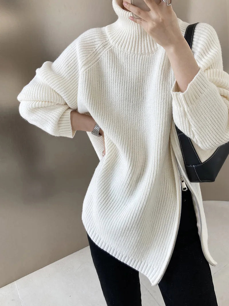 Zipper Solid Colour High-End Knitted Sweater - Loose Long-Sleeve Warm Outerwear Top for Fashion