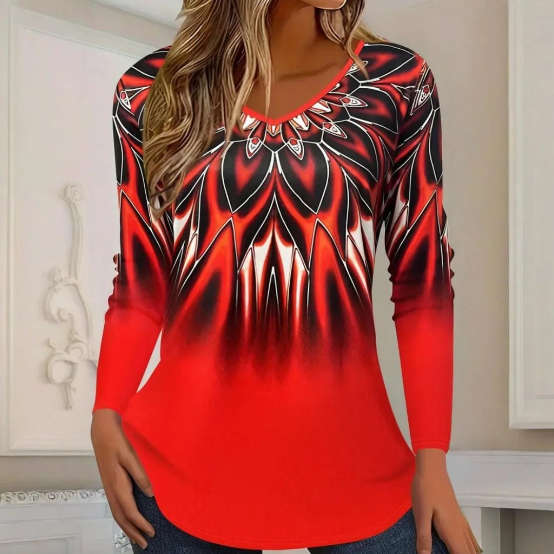 Vintage Striped Long Sleeves Tops for Women – All-Season Casual V-Neck Top, Slight Stretch Polyester Tee, Festival & Folk Style, True to Size