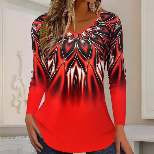 Vintage Striped Long Sleeves Tops for Women – All-Season Casual V-Neck Top, Slight Stretch Polyester Tee, Festival & Folk Style, True to Size