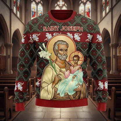 Ugly Christmas sweater with Saint Joseph design on a wooden background