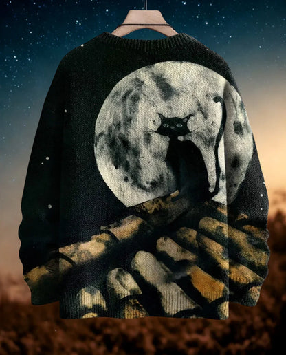Front View of Halloween Cat on Moon 3D Knit Sweater - Unisex Casual Pullover for Autumn Winter
Image 3 (Same design, more texture visible)