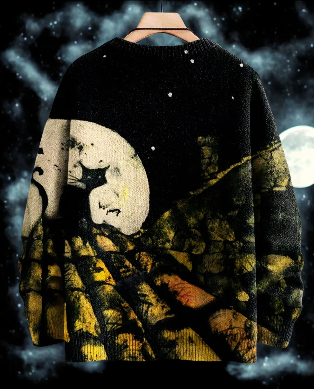 Detailed Close-Up of Spooky Cat & Moon 3D Print on Thick Knit Unisex Sweater