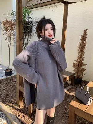 Zipper Solid Colour High-End Knitted Sweater - Loose Long-Sleeve Warm Outerwear Top for Fashion