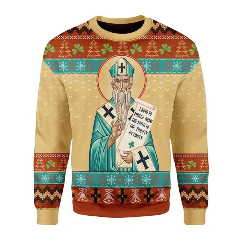 Retro Christian 3D Printed Sweatshirt for Men – Autumn Fashion Pullover with Religious Pattern, O-Neck Knit Sweater for Daily Wear