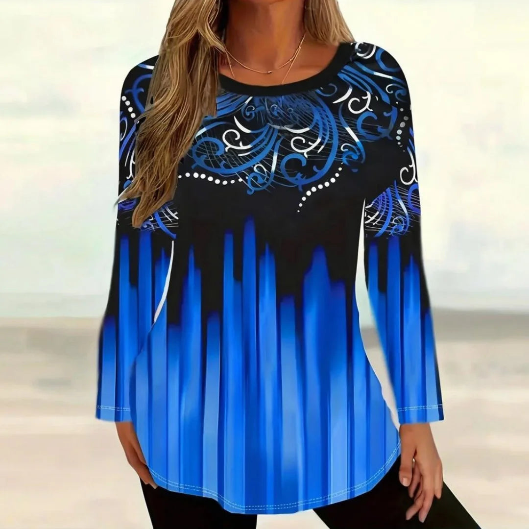 Vintage Striped Long Sleeves Tops for Women – All-Season Casual V-Neck Top, Slight Stretch Polyester Tee, Festival & Folk Style, True to Size