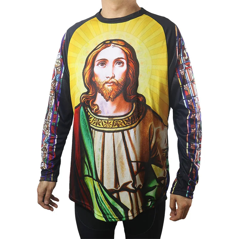 Religious Cycling Jersey – Stained Glass Jesus & Virgin Mary Long Sleeve MTB Bike Shirt for Men & Women | Breathable, Quick-Dry, Unisex Church Wear for Mountain Biking & Road Cycling
