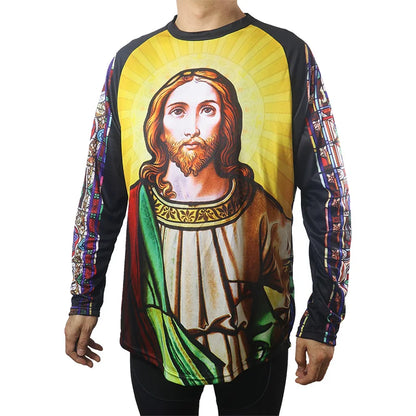 Religious Cycling Jersey – Stained Glass Jesus & Virgin Mary Long Sleeve MTB Bike Shirt for Men & Women | Breathable, Quick-Dry, Unisex Church Wear for Mountain Biking & Road Cycling