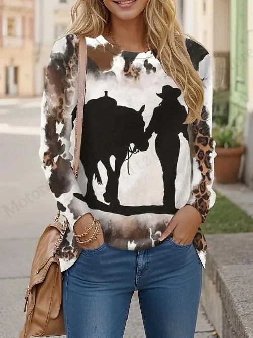 Cute Cat 3D Print Long Sleeve T-Shirt for Women – Oversized Animal Design Casual Top, Fashionable Knit Tee with Tie-Dye Effect, All-Season Comfort Wear