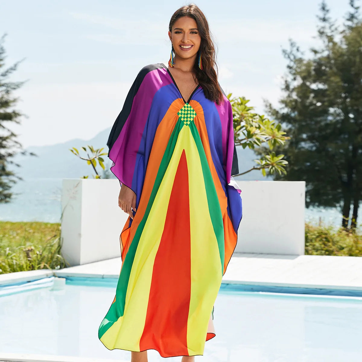1. Maxi Kaftan Beach Dresses for Women – Artistic Summer Robe with Bold Prints