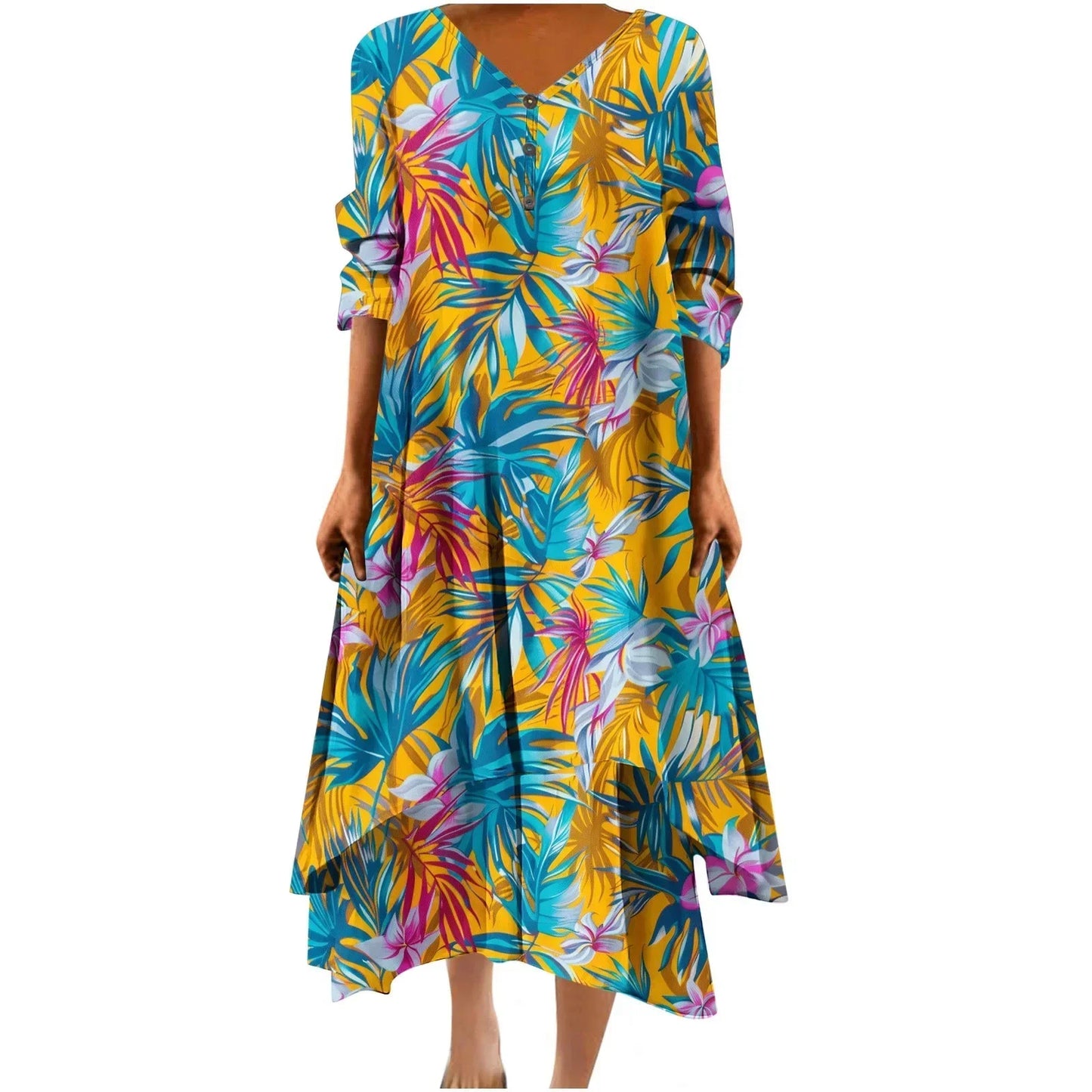 Irregular Hem Floral Maxi Dress – V-Neck Full Sleeve Ankle-Length for Women