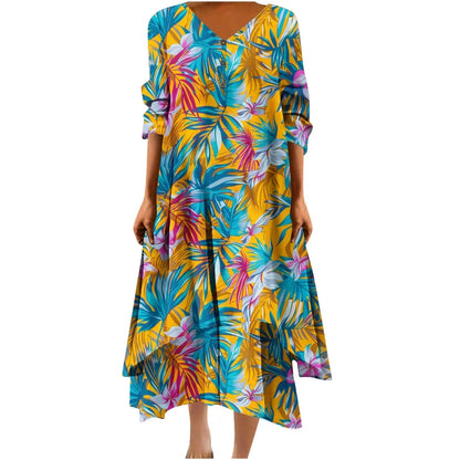 Irregular Hem Floral Maxi Dress – V-Neck Full Sleeve Ankle-Length for Women