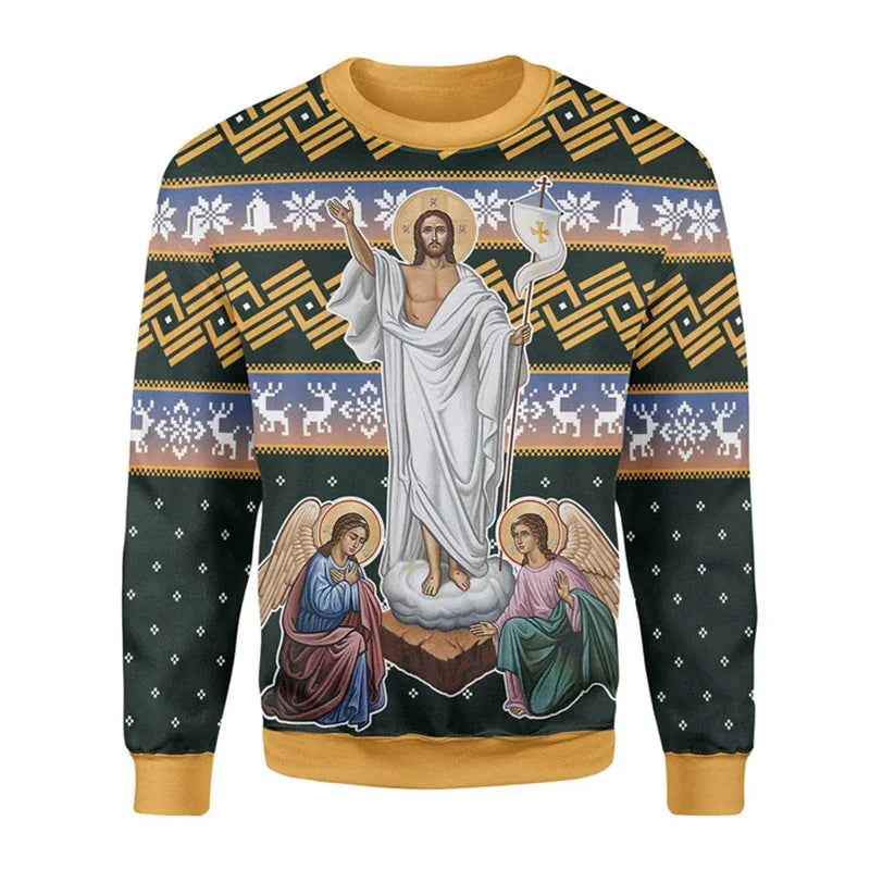 2.Retro Christian 3D Printed Sweatshirt for Men – Faith Streetwear Pullover with Religious Art, O-Neck Knit Sweater for Daily Wear – Plus Size XS-6XL