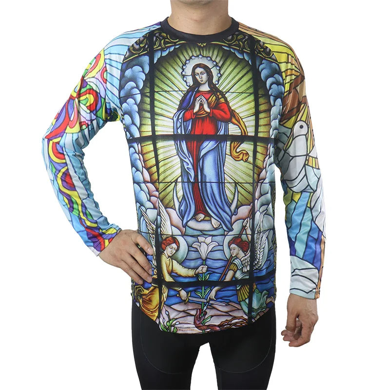 Religious Cycling Jersey – Stained Glass Jesus & Virgin Mary Long Sleeve MTB Bike Shirt for Men & Women | Breathable, Quick-Dry, Unisex Church Wear for Mountain Biking & Road Cycling