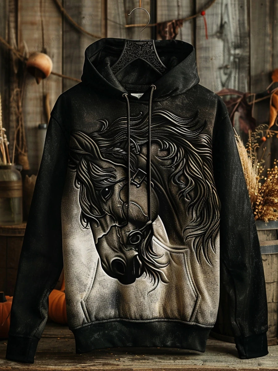 White hoodie featuring two horses with floral background — stylish, all-season animal print hoodie