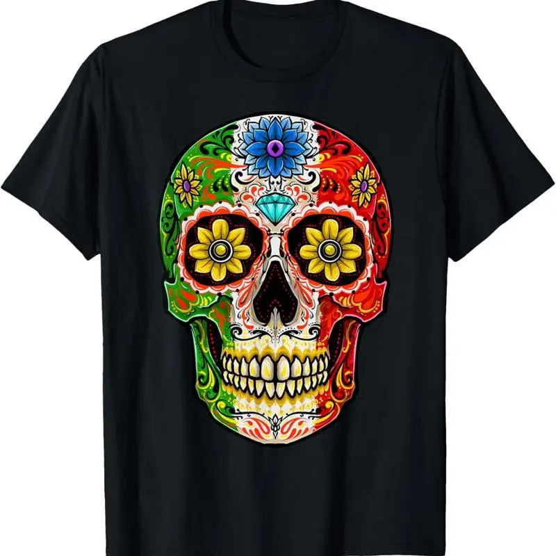 Mexican Sugar Skull T-Shirt – Colourful Day of the Dead Unisex Cotton Tee with Mexican Flag Colours