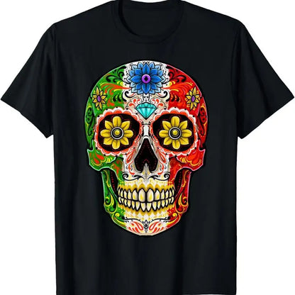 Mexican Sugar Skull T-Shirt – Colourful Day of the Dead Unisex Cotton Tee with Mexican Flag Colours