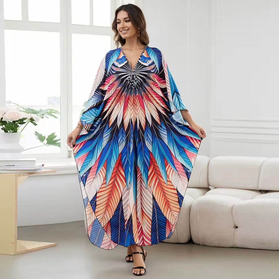 1. Maxi Kaftan Beach Dresses for Women – Artistic Summer Robe with Bold Prints