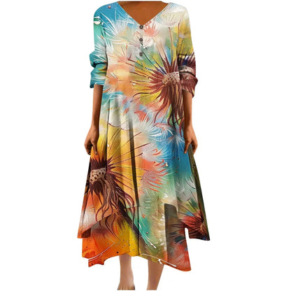 Irregular Hem Floral Maxi Dress – V-Neck Full Sleeve Ankle-Length for Women