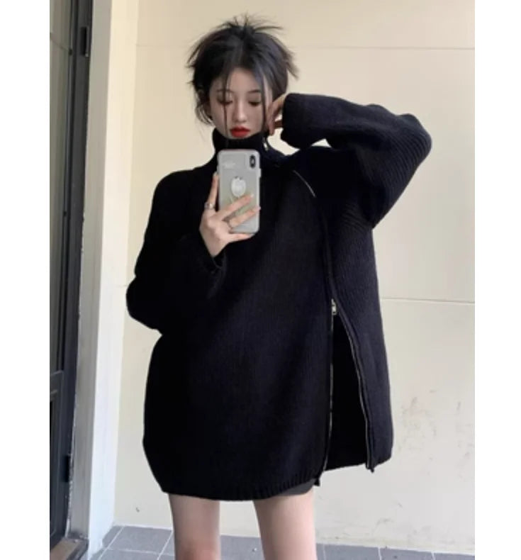 Zipper Solid Colour High-End Knitted Sweater - Loose Long-Sleeve Warm Outerwear Top for Fashion