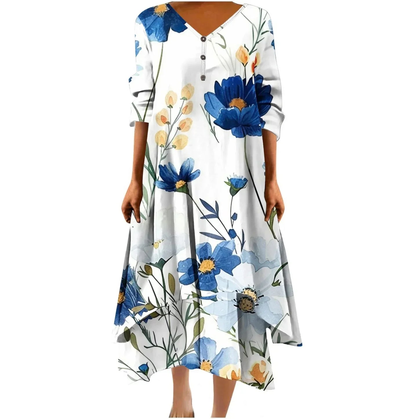 Irregular Hem Floral Maxi Dress – V-Neck Full Sleeve Ankle-Length for Women