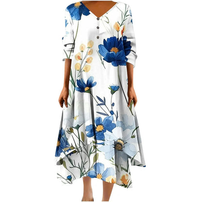 Irregular Hem Floral Maxi Dress – V-Neck Full Sleeve Ankle-Length for Women