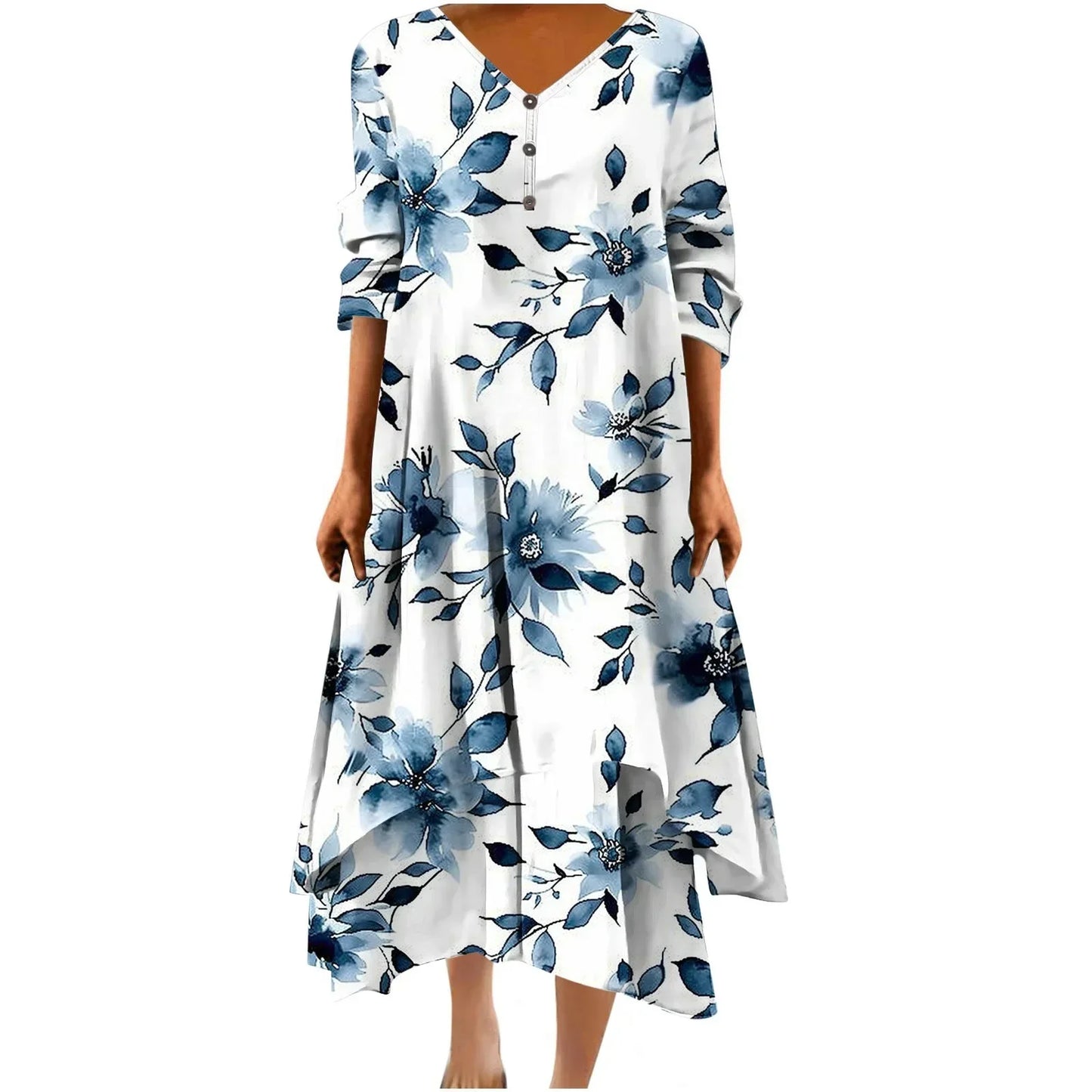 Irregular Hem Floral Maxi Dress – V-Neck Full Sleeve Ankle-Length for Women