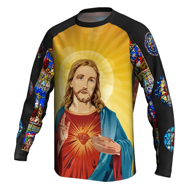 Religious Cycling Jersey – Stained Glass Jesus & Virgin Mary Long Sleeve MTB Bike Shirt for Men & Women | Breathable, Quick-Dry, Unisex Church Wear for Mountain Biking & Road Cycling