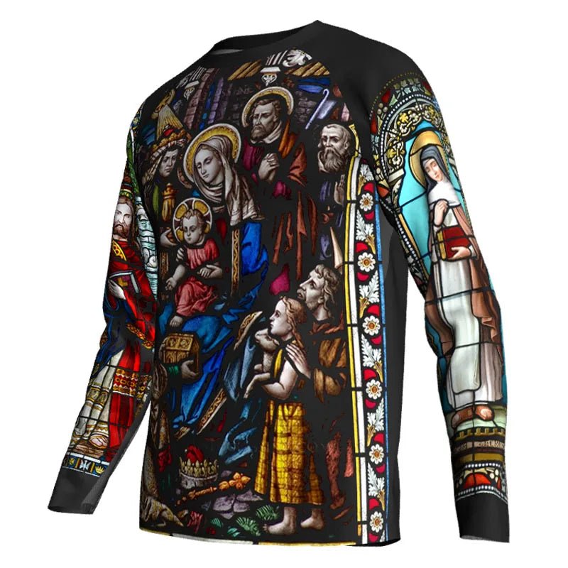 Religious Cycling Jersey – Stained Glass Jesus & Virgin Mary Long Sleeve MTB Bike Shirt for Men & Women | Breathable, Quick-Dry, Unisex Church Wear for Mountain Biking & Road Cycling