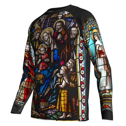 Religious Cycling Jersey – Stained Glass Jesus & Virgin Mary Long Sleeve MTB Bike Shirt for Men & Women | Breathable, Quick-Dry, Unisex Church Wear for Mountain Biking & Road Cycling