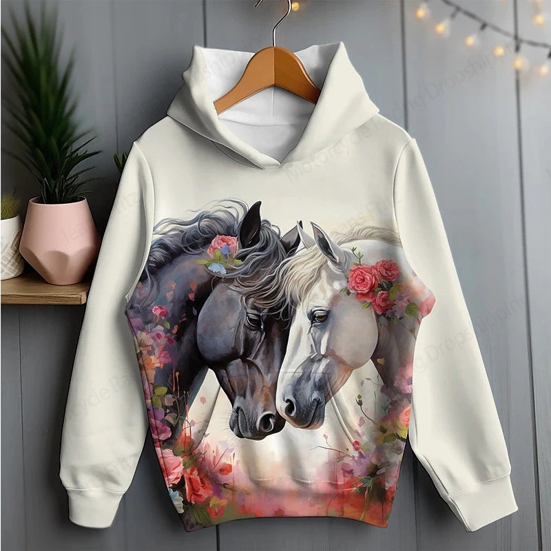 Horse and flowers design on white pullover hoodie — perfect for nature lovers and casual wear