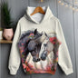 Horse and flowers design on white pullover hoodie — perfect for nature lovers and casual wear