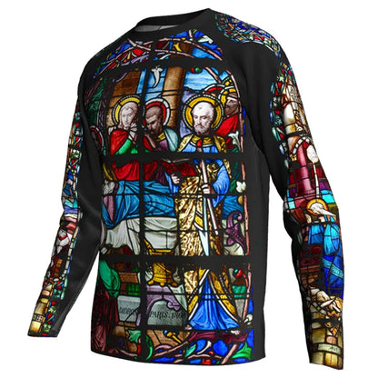 Religious Cycling Jersey – Stained Glass Jesus & Virgin Mary Long Sleeve MTB Bike Shirt for Men & Women | Breathable, Quick-Dry, Unisex Church Wear for Mountain Biking & Road Cycling