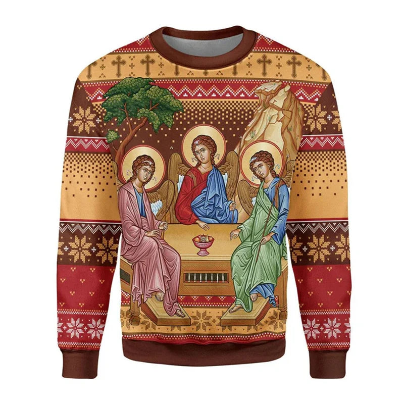 2.Retro Christian 3D Printed Sweatshirt for Men – Faith Streetwear Pullover with Religious Art, O-Neck Knit Sweater for Daily Wear – Plus Size XS-6XL