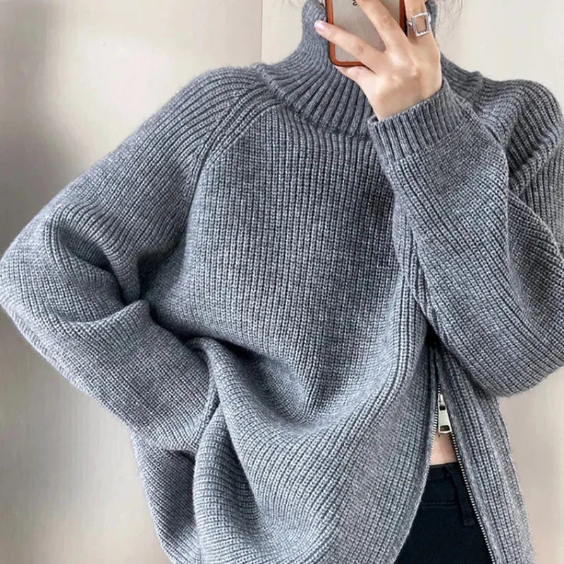 Zipper Solid Colour High-End Knitted Sweater - Loose Long-Sleeve Warm Outerwear Top for Fashion