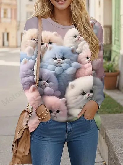 Cute Cat 3D Print Long Sleeve T-Shirt for Women – Oversized Animal Design Casual Top, Fashionable Knit Tee with Tie-Dye Effect, All-Season Comfort Wear