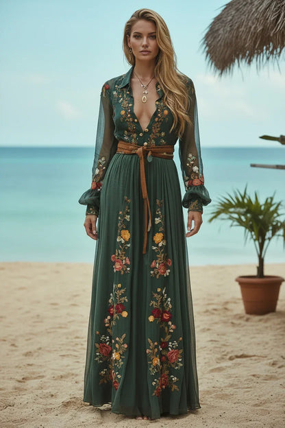 Bohemian Floral Maxi Dress – Vintage V-Neck Embroidered Print Long Sleeve Gown | High-Waist A-Line Robe for All Seasons