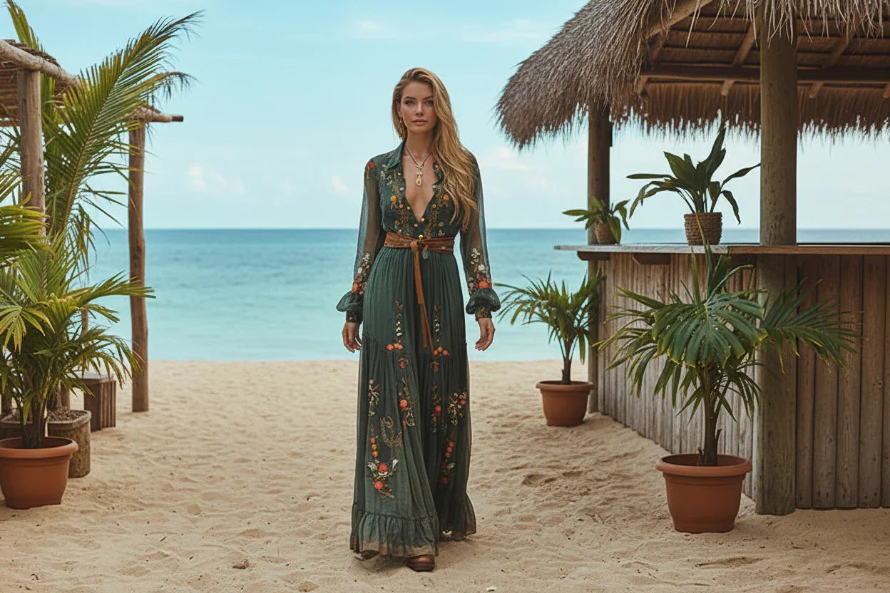 Bohemian Floral Maxi Dress – Vintage V-Neck Embroidered Print Long Sleeve Gown | High-Waist A-Line Robe for All Seasons